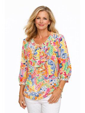 Lauren Ralph Lauren Womens L Floral Casual Preppy Blouse Multicolor Ruffle Neck
